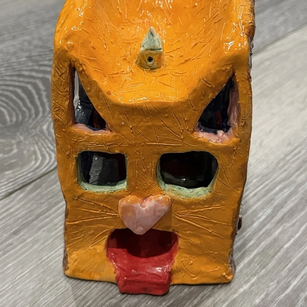 Handmade Ceramic Cat House Luminary Tealight Candle Holder‎ Orange Folk Art